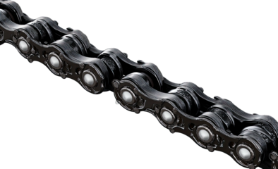 Dark metallic bicycle chain close-up on a black background, showing intricate links and connecting pins