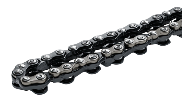 Close-up of a shiny, connected bicycle chain, partially against a stark black background