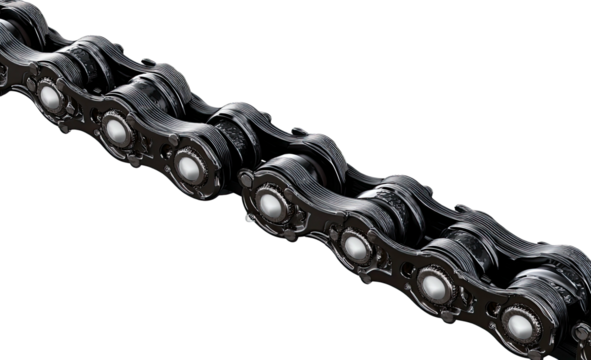 Dark metallic bicycle chain close-up on a black background, showing intricate links and connecting pins