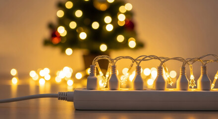 Overloaded power strip with Christmas tree lights connected to an outlet with a blurred Christmas tree in the background. Fire safety concept.