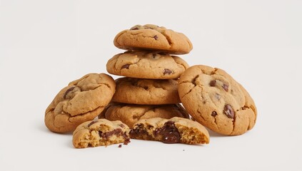 Freshly baked chocolate chip cookies stacked and one broken showing melted chips, isolated on pure white background, warm color tones.