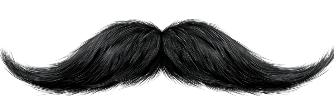 A detailed graphic of a fluffy, dark-colored mustache, symmetrical, isolated on a black background