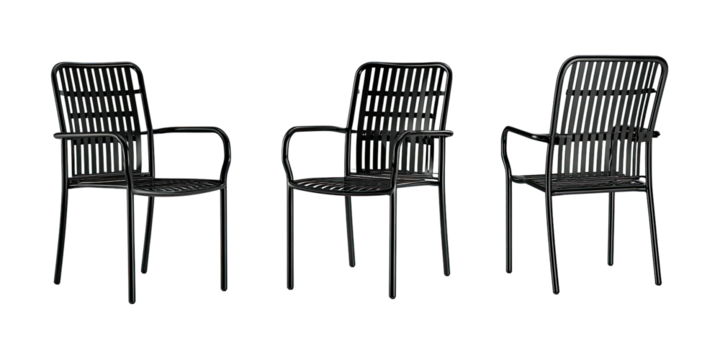 Three modern black armchairs, arranged at different angles, against a stark black background