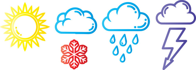 Fototapeta premium Weather icons showing sun snow rain and lightning on a black background
