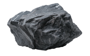 Isolated close-up of a rough, dark grey rock with detailed texture against a transparent background