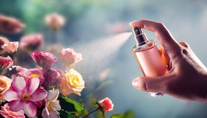 spraying floral air freshener with fresh flowers