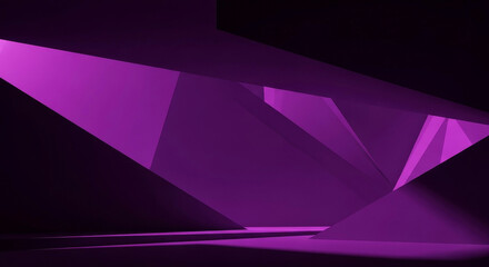 Dark, minimalist architectural interior with sharp geometric shapes and dramatic purple lighting.