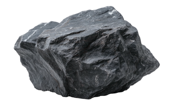 Isolated close-up of a rough, dark grey rock with detailed texture against a transparent background