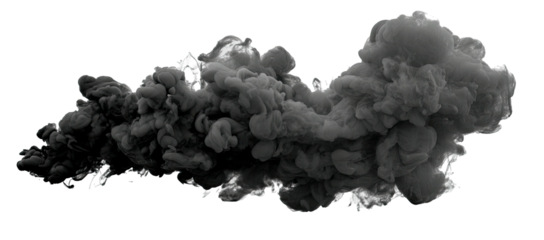 A billowing plume of gray smoke against a stark black background, with wispy edges