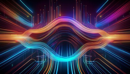 complex network of glowing neon color lines forming a technological pattern on a dark background
