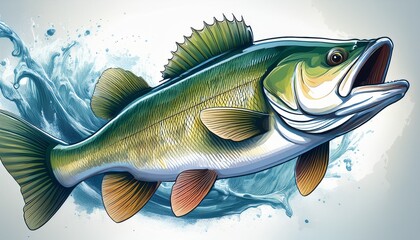 watercolor bass fish jumping on white background