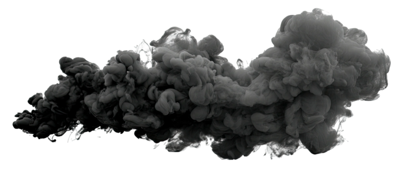 A billowing plume of gray smoke against a stark black background, with wispy edges