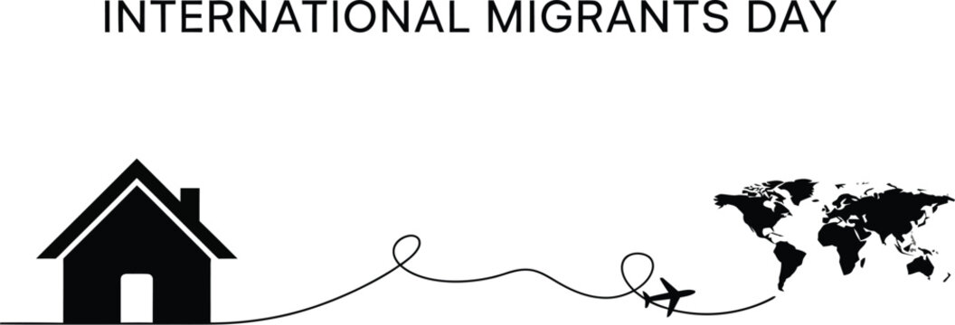 House and airplane with world map illustration for international migrants day