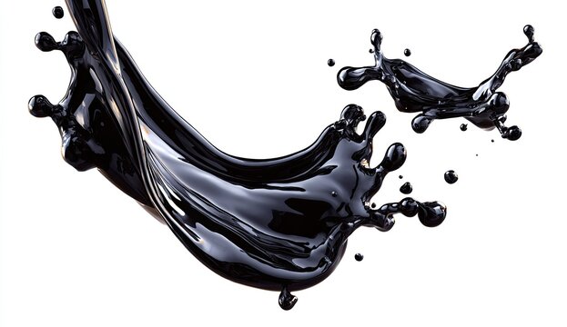 Dark liquid splashes against a white background.  A dynamic, curved stream of black liquid erupts and arcs, with smaller splashes radiating outward