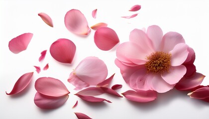 pink flower petals scattered on a white background