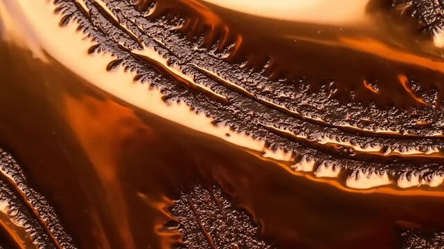 Viscous dark liquid flowing over rough surface with warm reflections