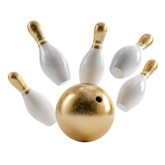 An abstract illustration of a golden bowling ball surrounded by white bowling pins with golden tops