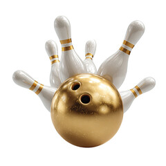 A golden bowling ball bursting through a cluster of white and gold pins against a black background