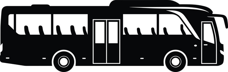 Black silhouette of a modern city bus with windows and doors, bus, transportation, public transport, vehicle, travel, city, urban, modern, silhouette, black and white, icon, graphic, design, transport