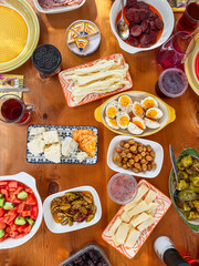 Turkish breakfast on table top view