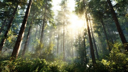 Obraz premium A serene forest scene illuminated by sunlight filtering through tall trees, surrounded by lush greenery and mist.