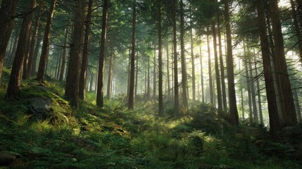 Obraz premium Lush green forest bathed in soft sunlight, showcasing tall trees and vibrant undergrowth, creating a serene and peaceful natural environment.
