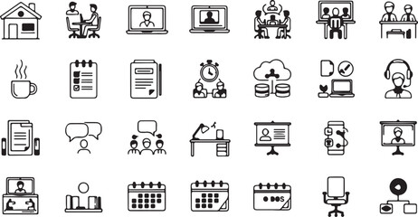 Fototapeta premium Essential Remote Work, Home Office, and Virtual Collaboration Line Icon Set: Laptop, Video Call, Coffee Break, Online Meeting, Desk Setup, and Cloud Storage Vector Graphics. eps