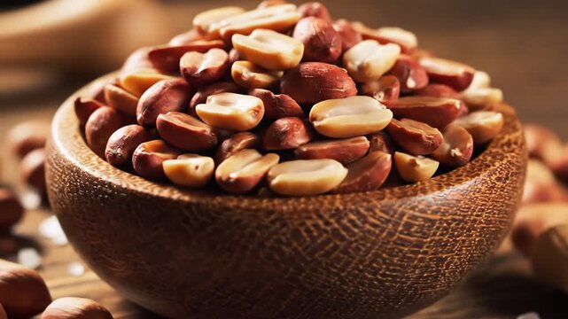Closeup of a wooden bowl filled with delicious peanuts healthy snack.