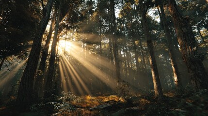 Obraz premium Sunlight streams through tall trees in a serene forest, creating a tranquil atmosphere filled with dappled light and natural beauty.