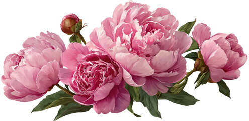 A vibrant illustration featuring pink flowers in full bloom, with green leaves and a bud, set against a black backdrop