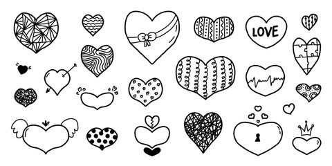 A collection of hand-drawn heart doodles in black ink on a white background.
