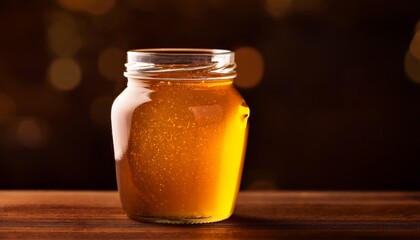a jar of honey or jam of golden color on a wooden table