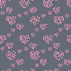 Seamless Pattern with Geometric Pink Hearts on Dark Background