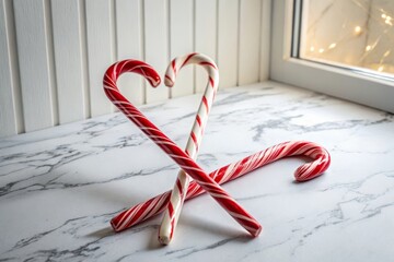 Three Candy Canes Crossed on a Marble Surface