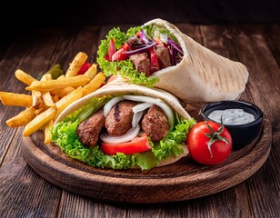 leckerer doner kebab im fladenbrot mit frischem gemuse krautersosse und pommes n nahaufnahme eines klassischen turkischen fastfoods perfekt angerichtet auf rustikalem holztisch