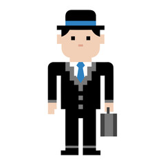 Pixelated Businessman in Hat with Briefcase