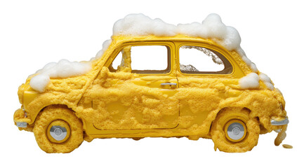 Yellow car fully covered in foam, suggesting cleaning or a playful concept against a white background