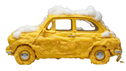 Yellow car fully covered in foam, suggesting cleaning or a playful concept against a white background