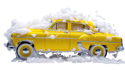 Yellow classic car covered in bubbly white soap suds. Side view of vehicle getting a wash