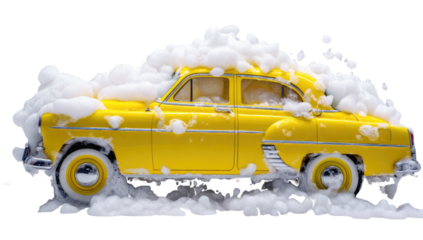 Yellow classic car covered in bubbly white soap suds. Side view of vehicle getting a wash