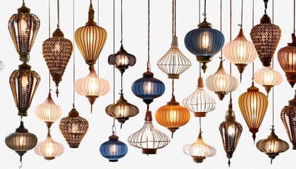 a lot of hanging lamps isolated on white background