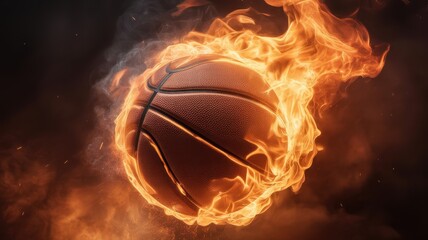 Fototapeta premium Basketball engulfed in intense flames and smoke against a dark backdrop