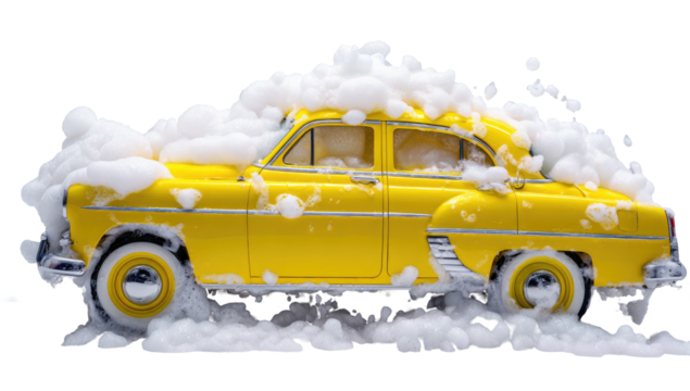 Yellow classic car covered in bubbly white soap suds. Side view of vehicle getting a wash