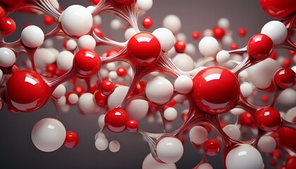 red and white spheres forming an abstract molecular structure