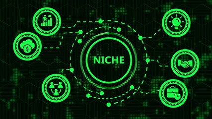 Niche marketing concept with icons around the word niche in a circle on digital display, business niche and target audience, business specialization concept - Powered by Adobe