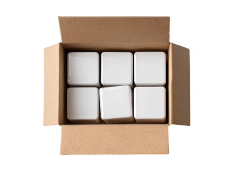 Overhead view of a cardboard box filled with six white, square-shaped objects
