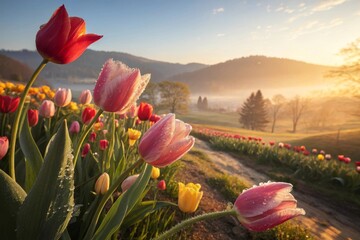 Tulip garden during sunrise with warm glow and natural beauty