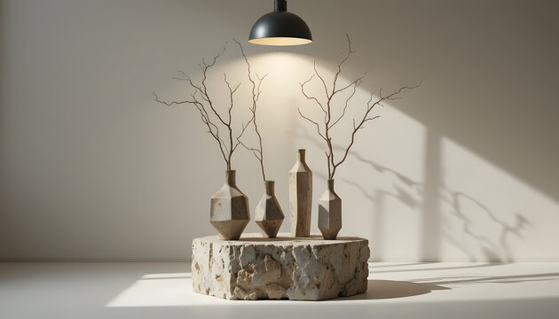 Minimalist studio still life with abstract ceramic stems on weathered stone pedestal