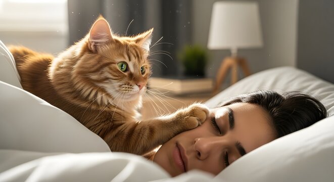 young woman holding a cute cat on bed, A cat gently patting a person's face to wake them up in the morning, national cat lover's month - Powered by Adobe