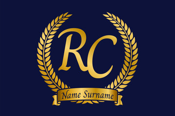 Initial letter R and C, RC monogram logo design with laurel wreath. Luxury golden calligraphy font.